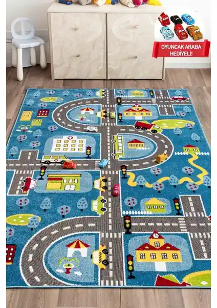 Odeon Halı 3 Boyutlu Mavi Trafik Arabalı Dokuma Çocuk Oyun Halısı