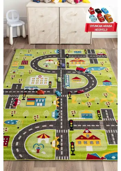Odeon Halı 3 Boyutlu Yeşil Trafik Arabalı Çocuk Oyun Halısı Güvenli ve Dayanıklı Tasarım