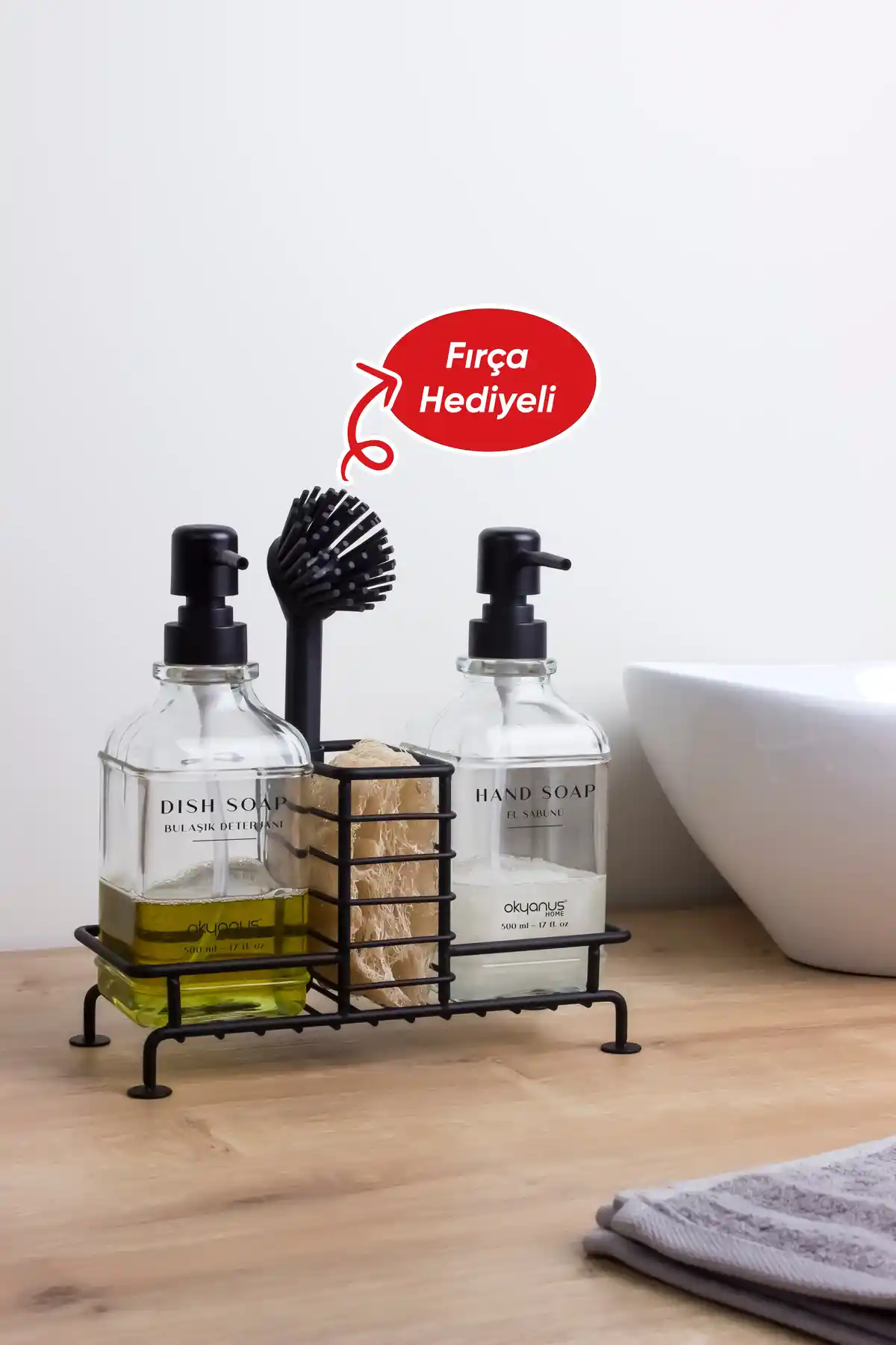 Okyanus Home Siyah Kare Cam Sıvı Sabunluk 500ml Pompalı ve Standlı Tasarım