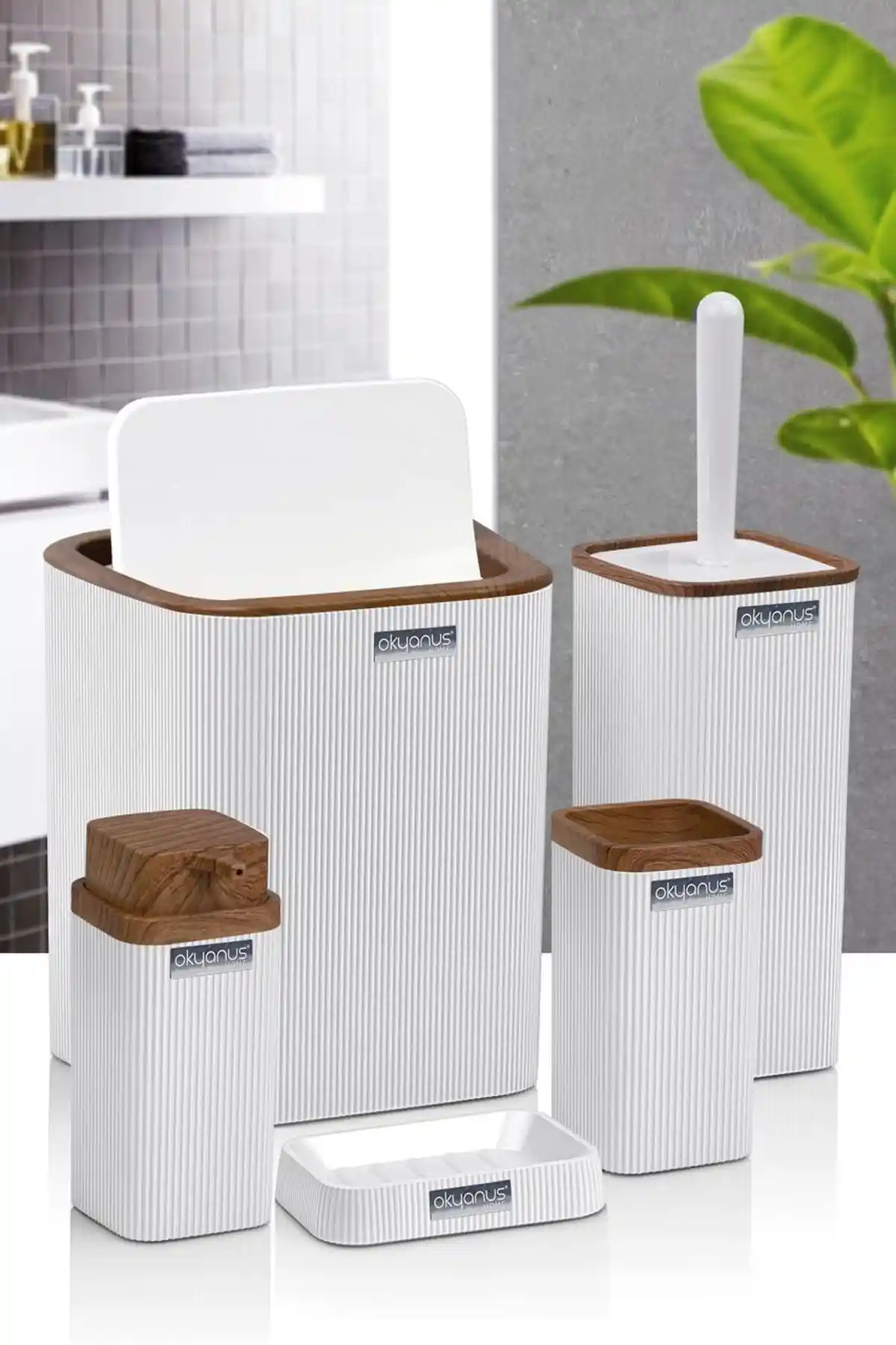 Okyanus Home Stella Beyaz Ahşap Desenli Çizgili 5'li Banyo Seti Modern ve Şık Tasarım