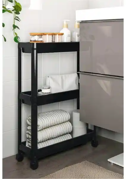 Omaş 3 Katlı Tekerlekli Siyah Raf Ünitesi: Dar Alanlar İçin Fonksiyonel ve Şık Çözüm