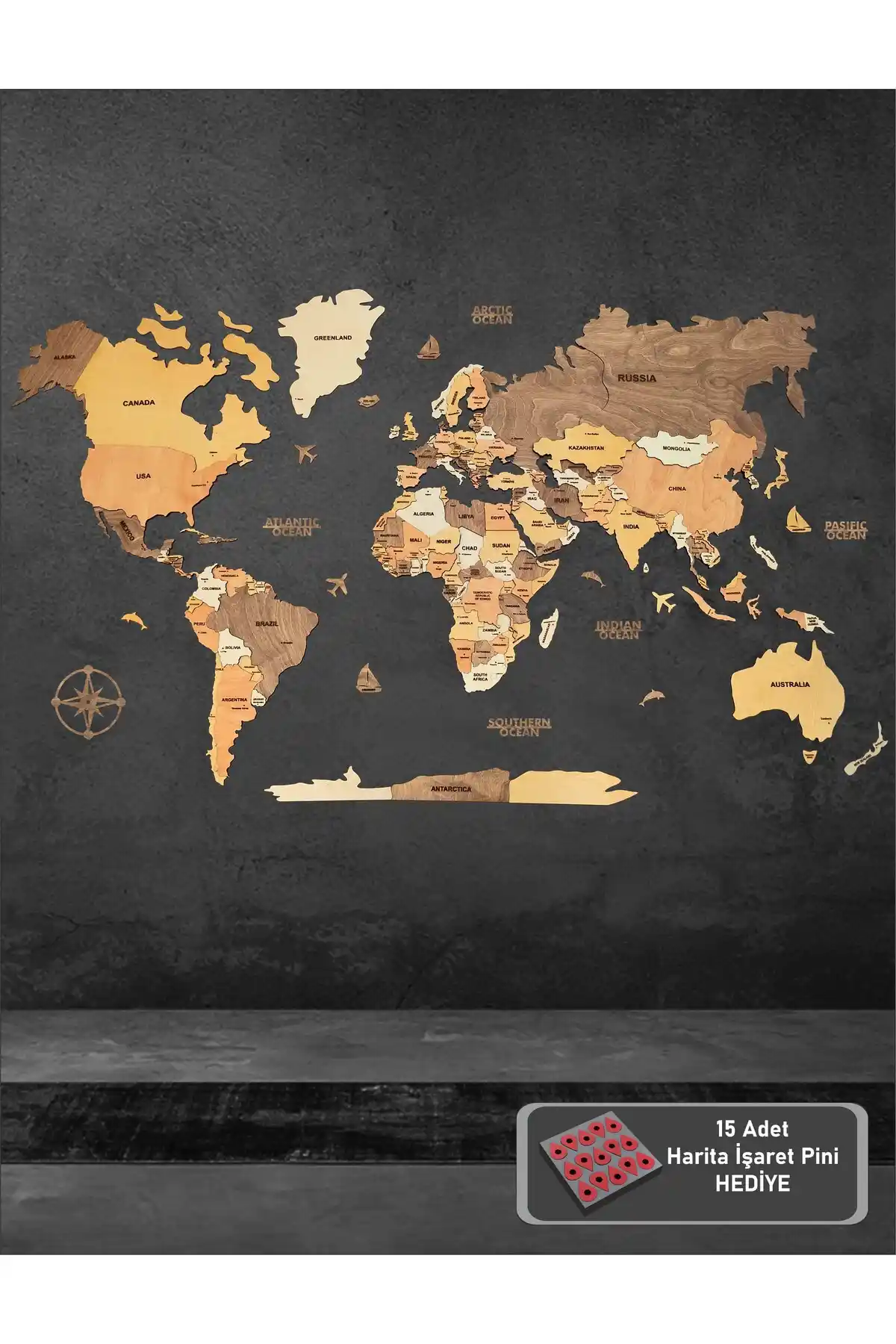 Orendart Ahşap Dünya Haritası: Doğal ve Estetik Dekorasyon Parçası