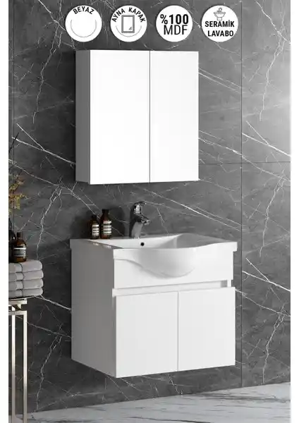 Özceden Yılz 55 cm Beyaz MDF Seramik Lavabolu Asma Banyo Dolabı Takımı