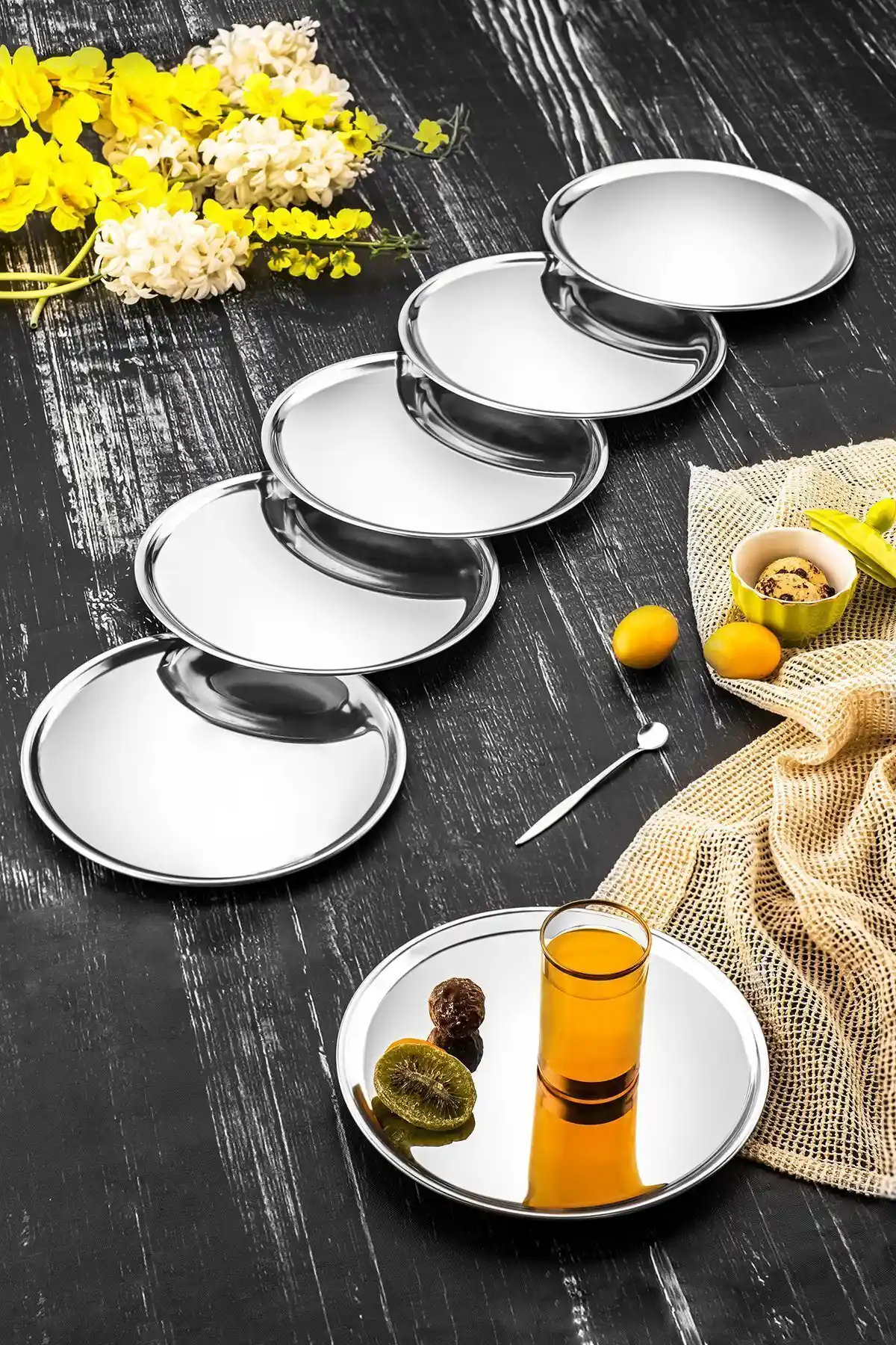 ÖzSa Home 6'lı Lüx Gümüş Yuvarlak Servis Sunum Tepsisi Seti 21 cm ile Şıklık ve Dayanıklılık