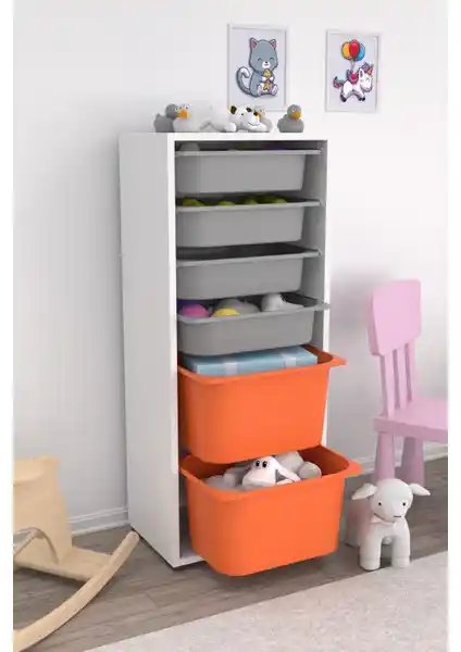 Pratico 2 Büyük ve 4 Küçük Sepetli Turuncu-Gri Oyuncak Dolabı: Çok Amaçlı ve Şık Saklama Çözümü