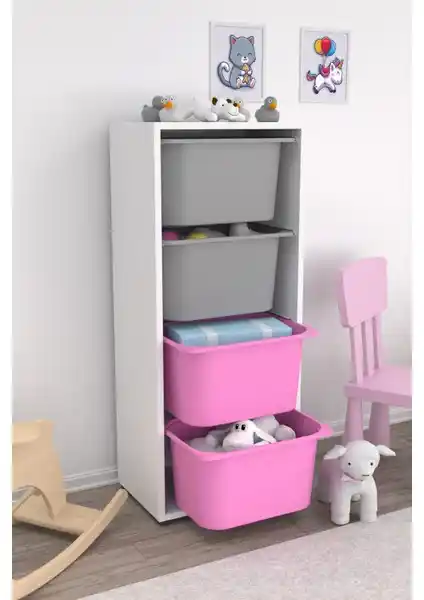 Pratico 4 Derin Sepetli Pembe Gri Çok Amaçlı Oyuncak Dolabı Özellikleri ve Kullanım Alanları