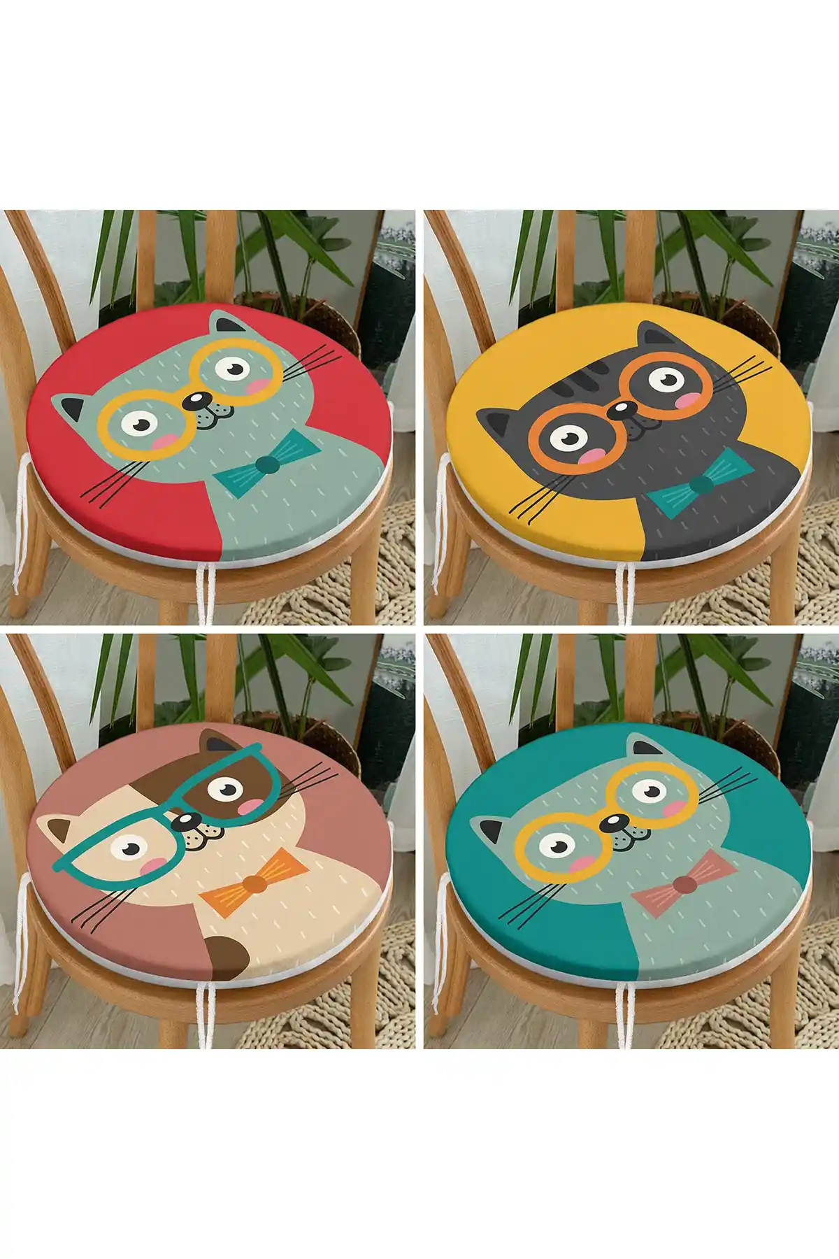 RealHomes 4'lü Renkli Sevimli Kedicik Baskılı Yuvarlak Fermuarlı Sandalye Minderleri Seti