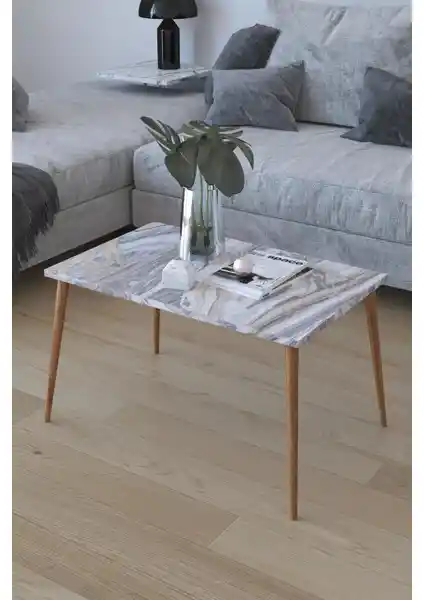 Remaks Retro Orta Sehpa Beyaz Mermer ve Ahşap Ayaklar ile Modern Tasarım