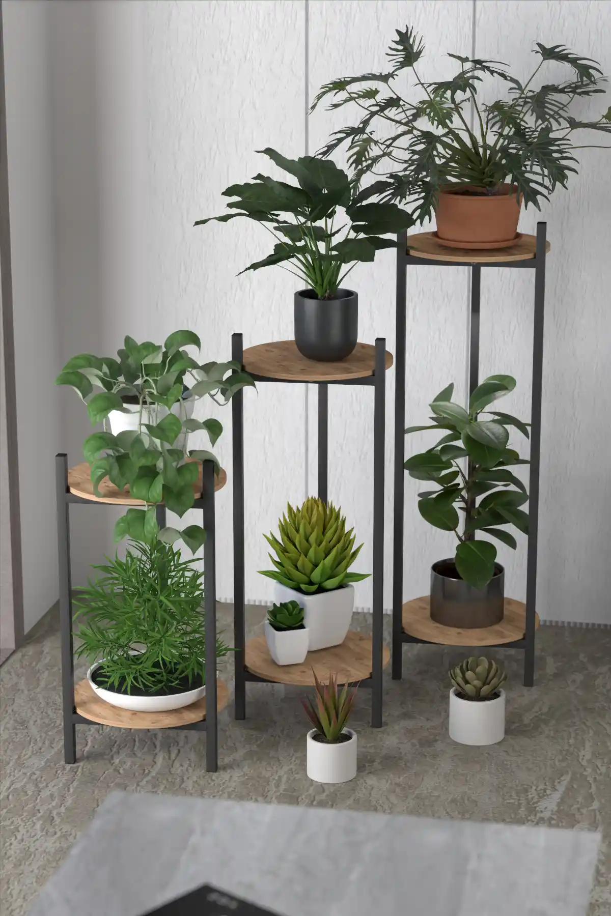 Retodesign 3 Lü Metal Siyah Yuvarlak Çiçeklik Seti Modern ve Dayanıklı Dekorasyon Çözümü