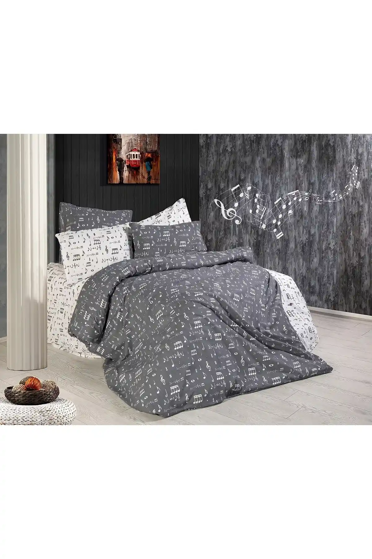 Şahinhome Gri Müzik Notalı Nevresim Takımı Modern ve Dayanıklı Tasarım Özellikleri