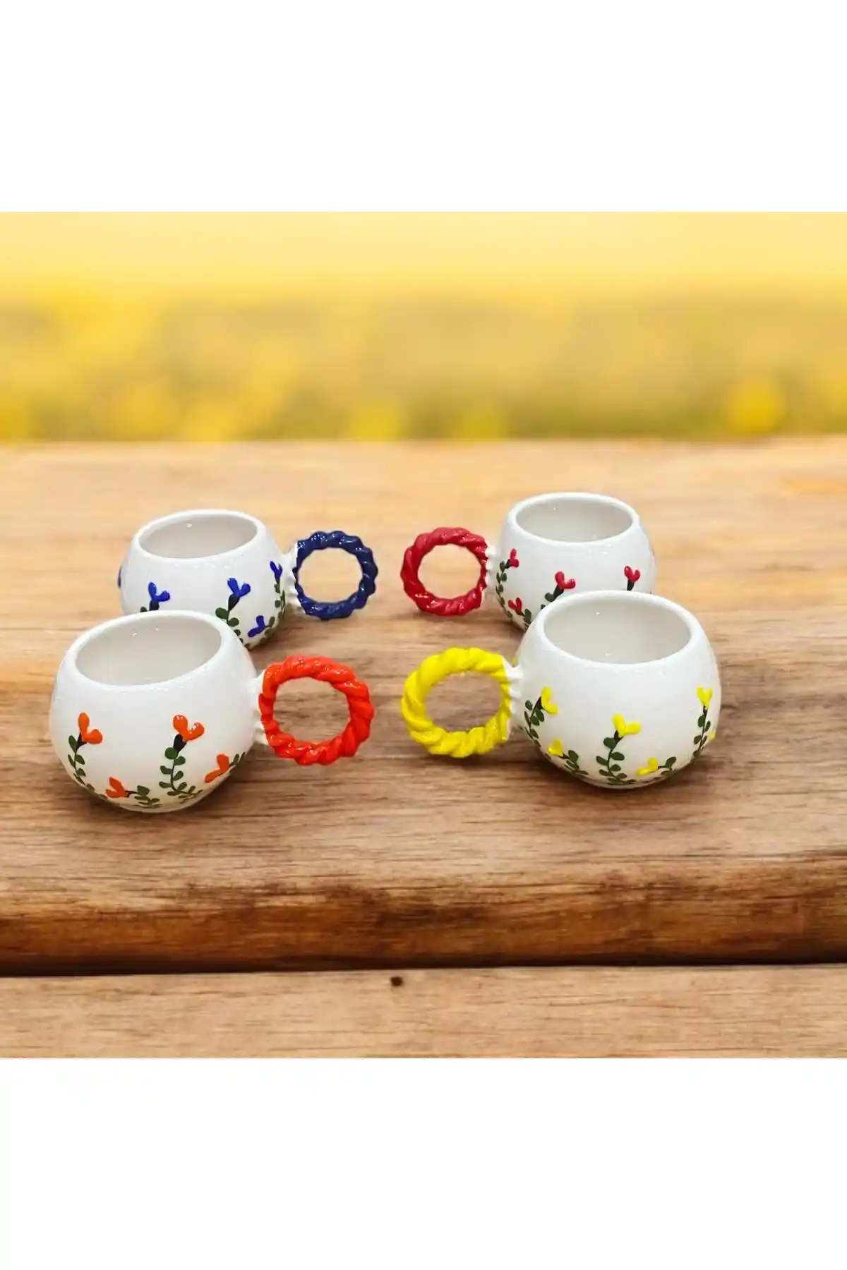SeraCEY El Yapımı Seramik Kupa Seti Baloncuk ve Çiçek Desenli Tasarım