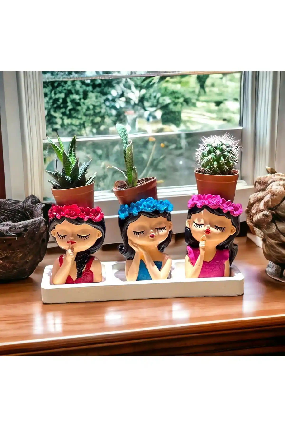 TaşDevrilife Sukulent Kızlar 3'lü Beton Saksı Seti Modern İç Mekan Dekoru