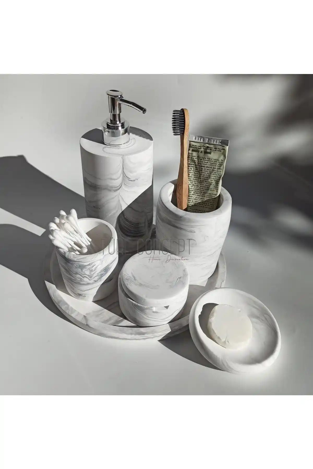 Türe Concept Mermer Desenli Mat Sıvı Sabunluk ve Aksesuar Seti Modern Dekorasyon İçin Uygun