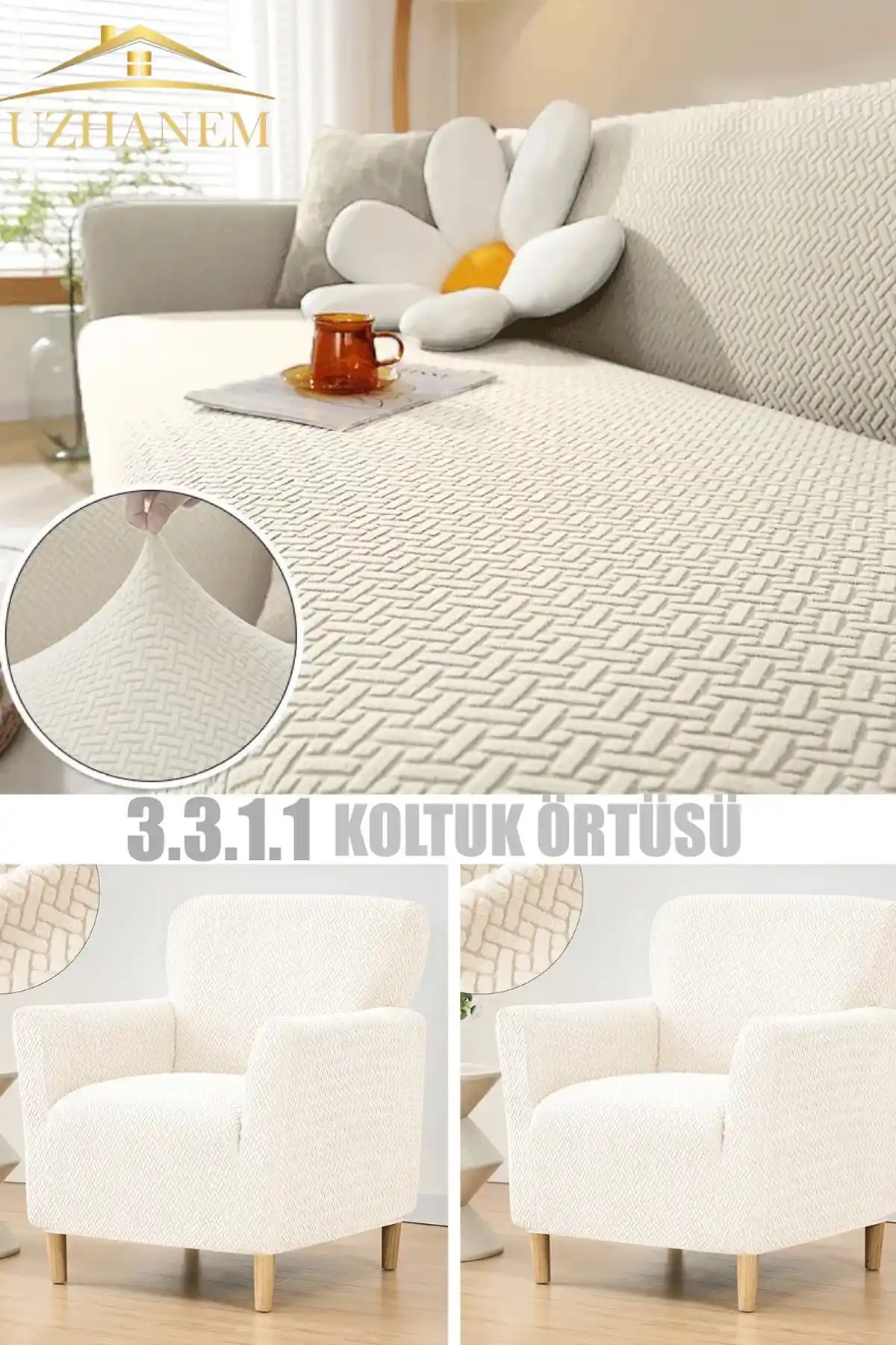 UzHanem 3.3.1.1 Modern ve Fonksiyonel Koltuk Örtüsü Bej Renkli 195x230 cm