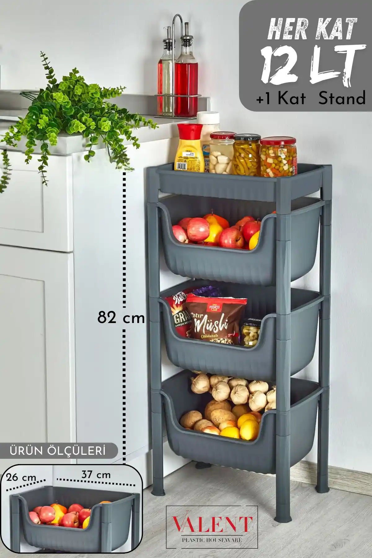 VALENT 3artı1 Katlı Neva Patates ve Soğanlık Modern Çok Amaçlı Depolama Çözümü