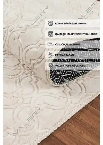 Valery Home Yıkanabilir Kaymaz Tabanlı Violin Embos Halı Krem Renk Modern ve Güvenli Zemin Çözümü