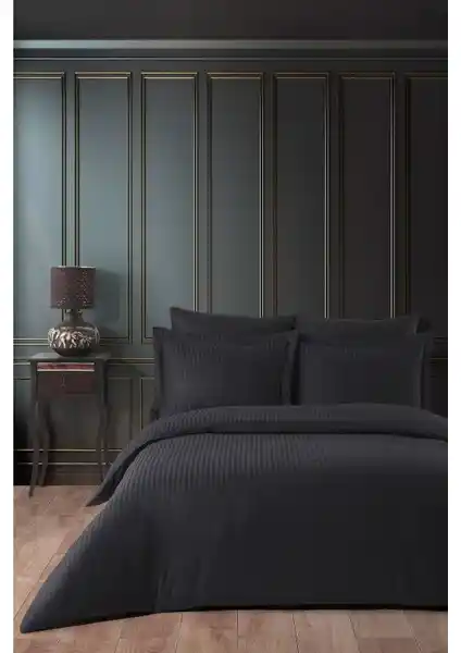 Varol Lastikli Pamuk Çizgili Çift Kişilik Nevresim Takımı Siyah Renkli Modern Tasarım