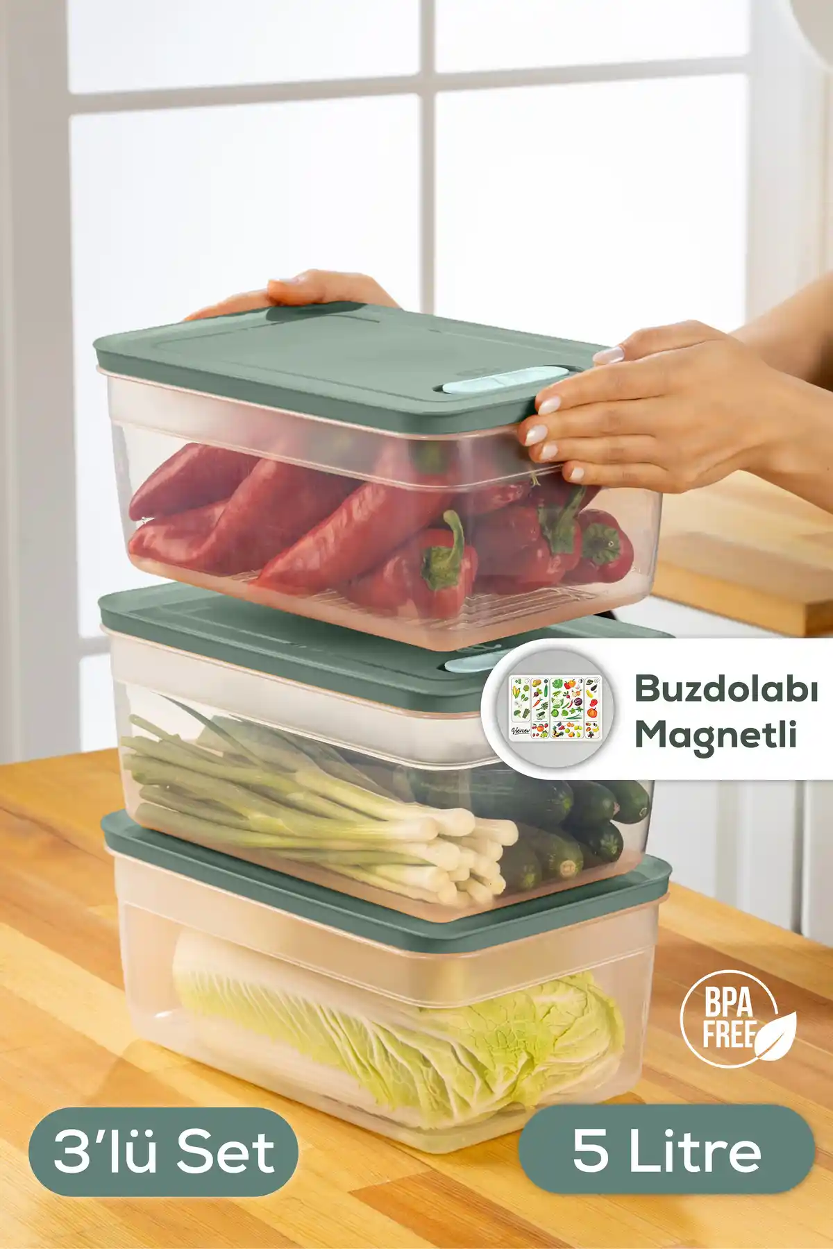 Vienev 3'lü ayarlı sebze ve meyve saklama kabı seti ile mutfağınıza düzen ve tazelik katın