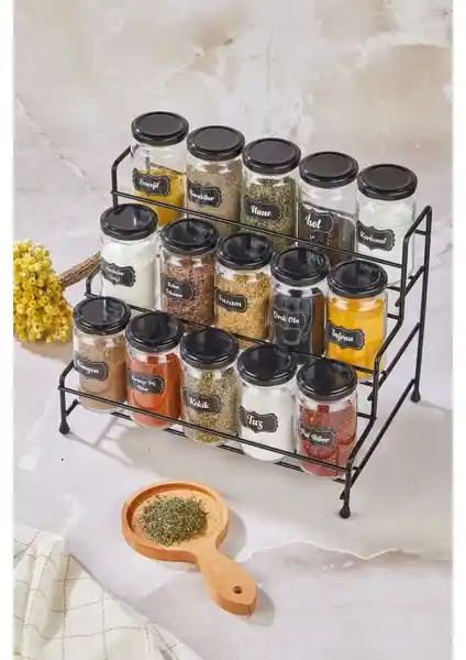 Vipgross Siyah Metal Standlı 15'li Baharat Takımı Modern ve Pratik Mutfak Aksesuarı