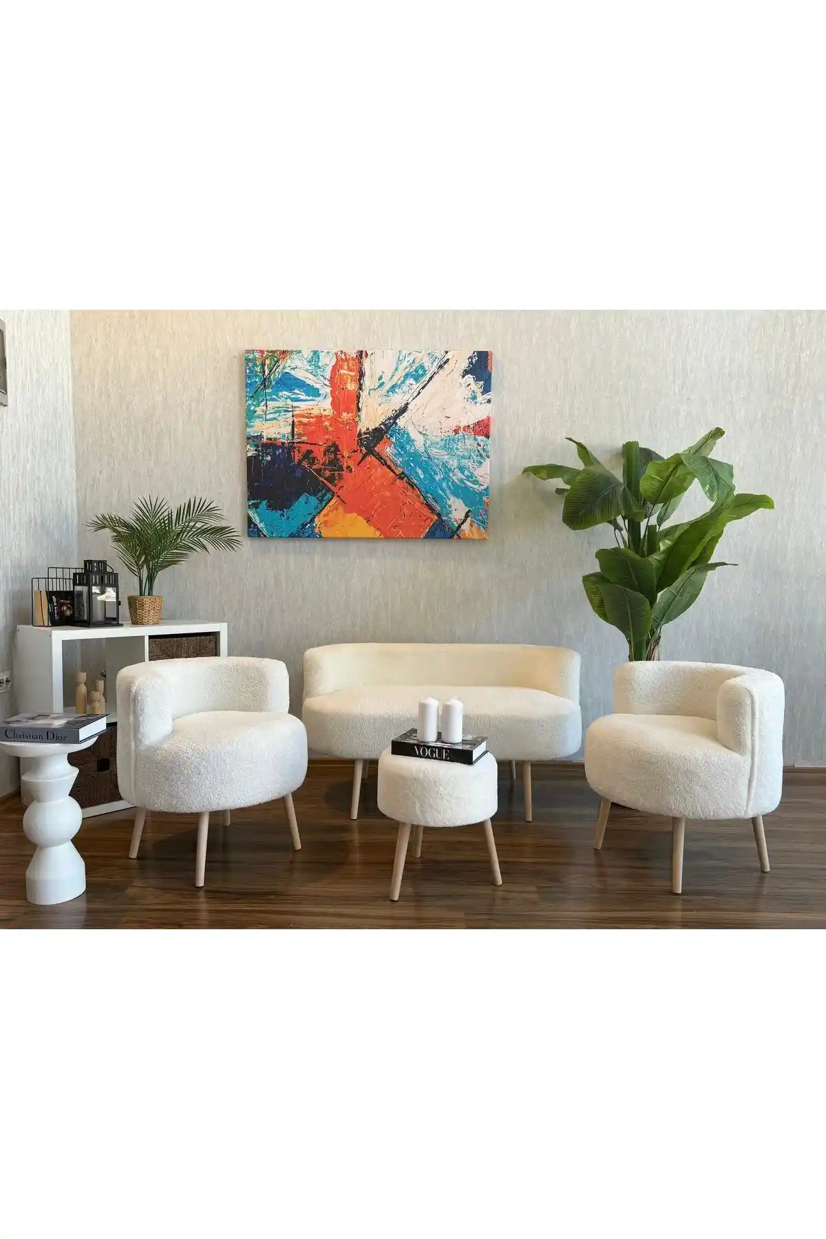 WEBPANYA Beyaz Teddy Kumaş Koltuk Takımı Modern ve Dayanıklı Oturma Grubu Özellikleri