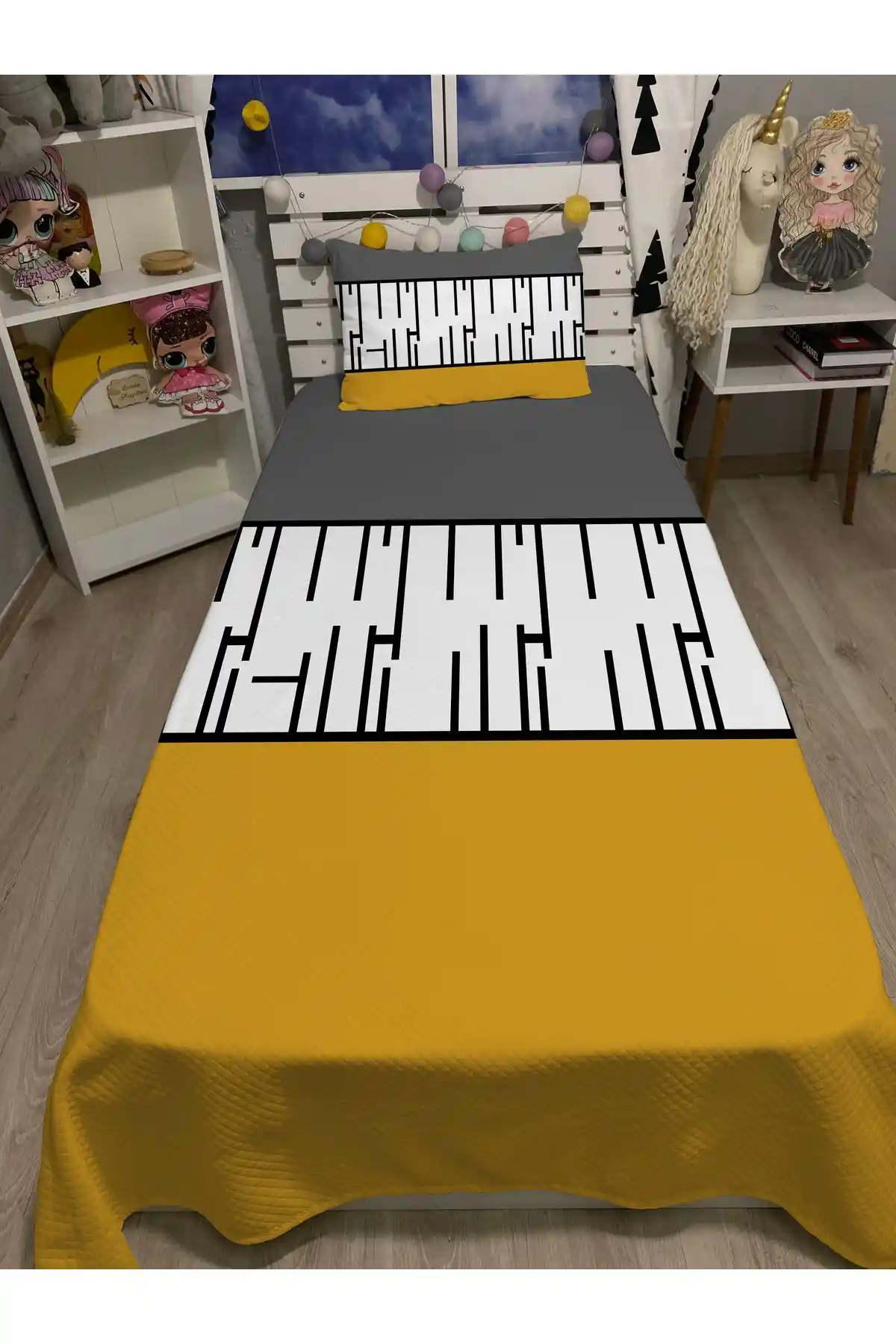 Yok Yok Evim Hardal Piyano Tek Kişilik Pike ve Yastık Kılıfı Dekoratif Tekstil Seti