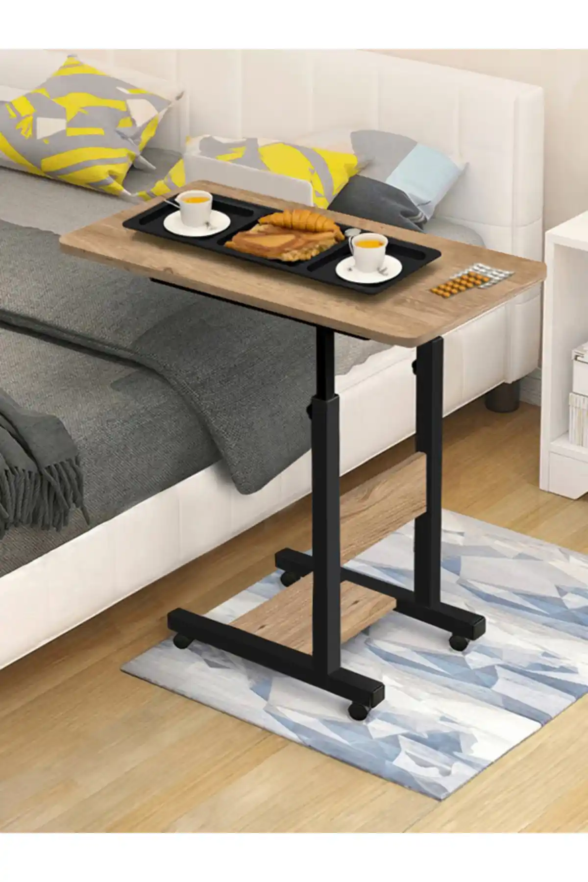 Yükseklik Ayarlı Hasta Sehpası Atlantik Çam 70x40 Tekerli Oval Kenar Sağlık ve Bakım Ürünü