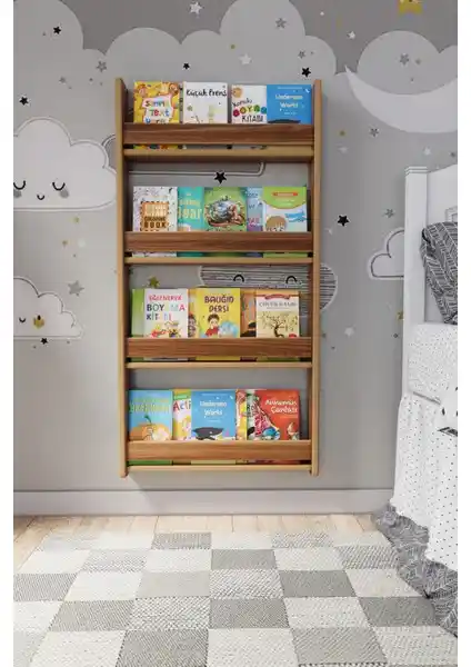 Zeo Wood Design Montessori 4 Raflı Çocuk Kitaplığı Güvenli ve Estetik Çocuk Odası Depolama Çözümü