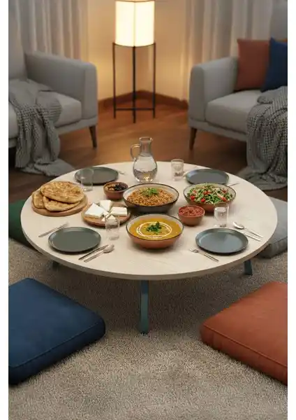 Zevahir Mobilya Ahşap Desenli Metal Katlanır Yuvarlak Yer Sofrası Güncel ve Dayanıklı Tasarım