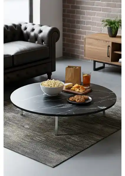 Zevar Mobilya Siyah Mermer Desenli Metal Katlanır Yuvarlak Yer Sofrası Özellikleri ve Kullanım Alanları