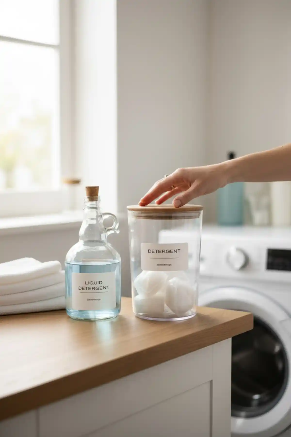 ZezeDesign Ahşap Kapaklı Toz Deterjan Kavanozu ve Sıvı Deterjan Şişesi Modern Banyo Dekorasyonu