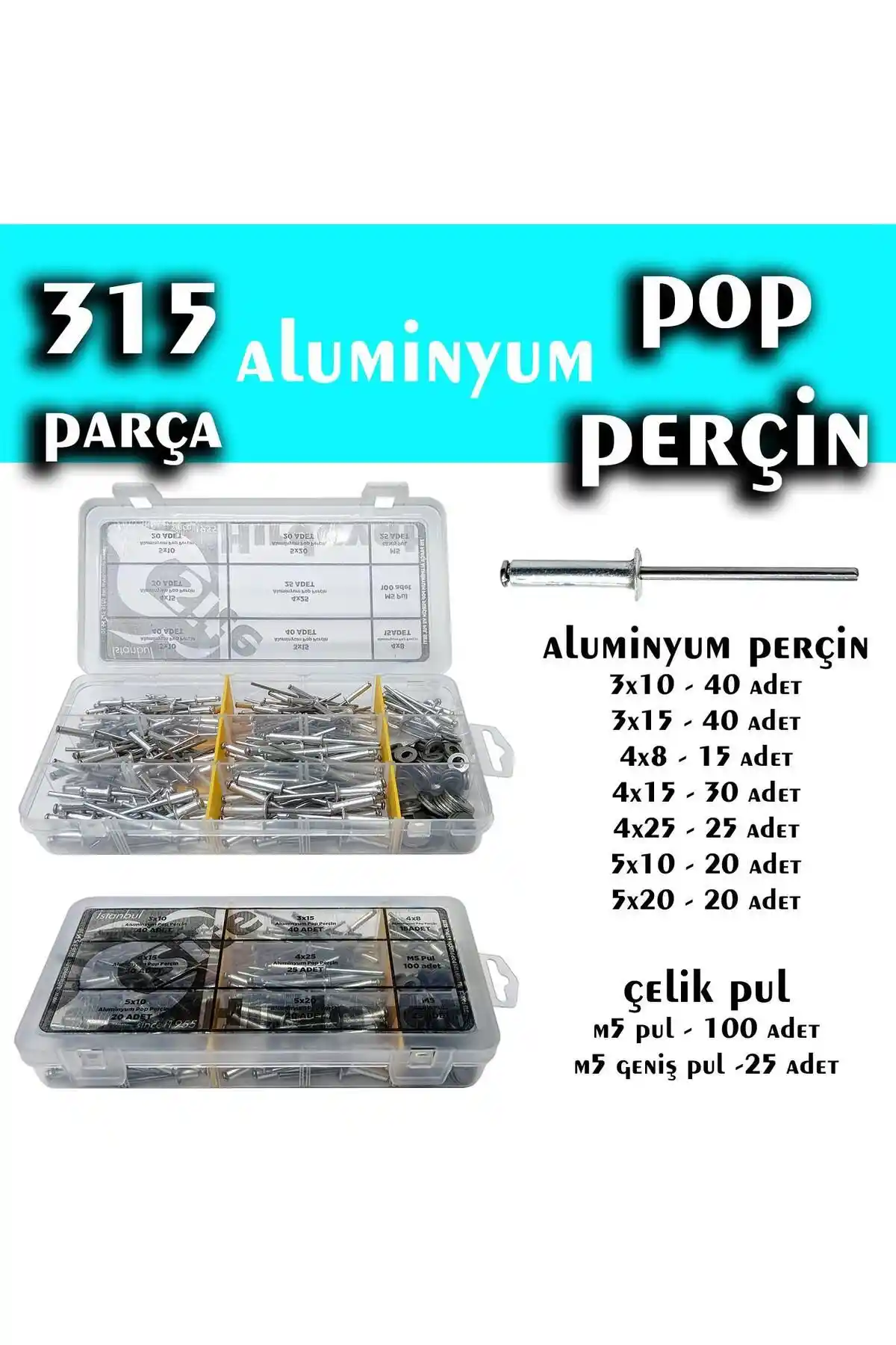 315 Parça Aluminyum Pop Perçin Seti Endüstriyel ve Ev Kullanımı İçin Uygun