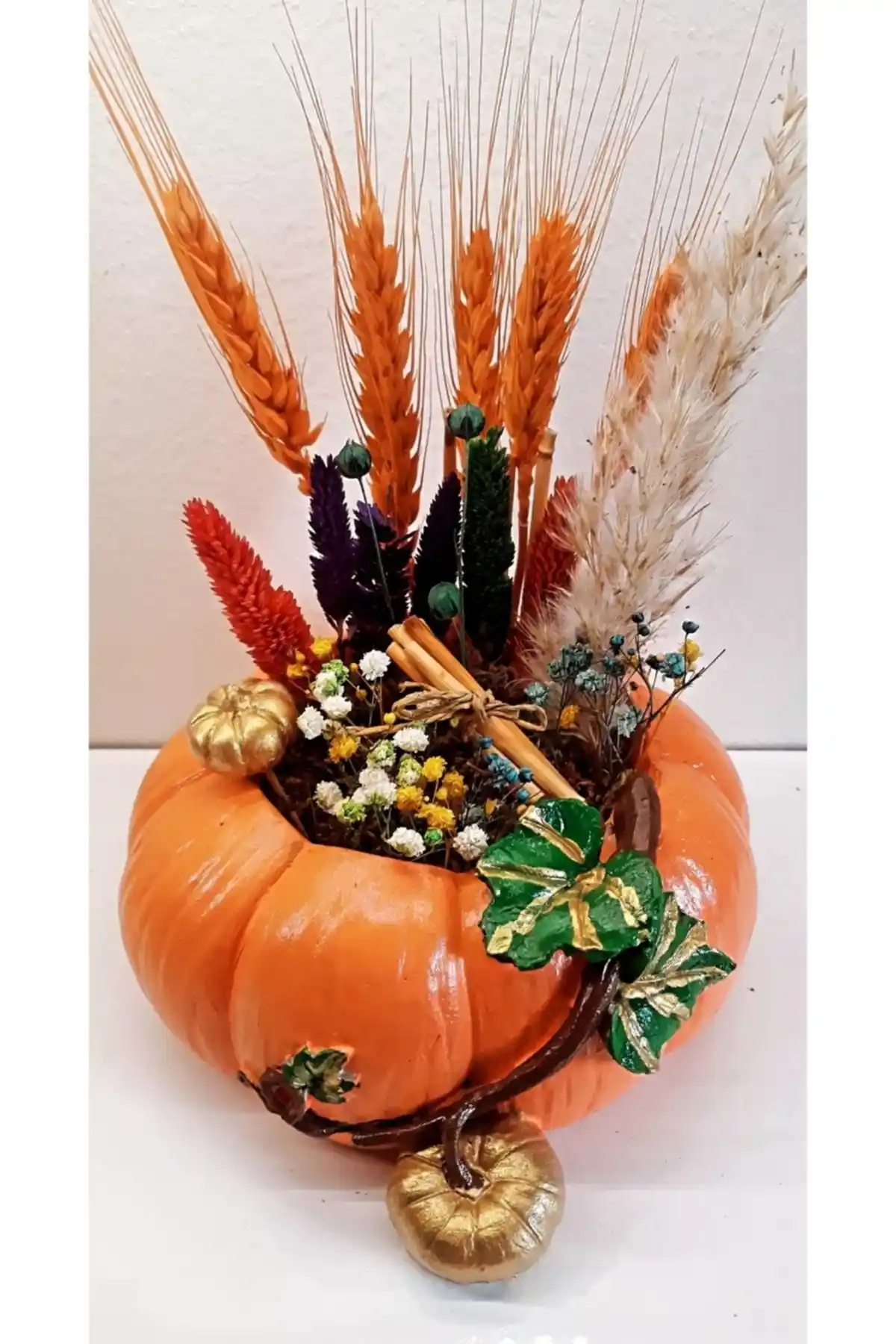 Beton Bal Kabağı ve Kuru Çiçekli Dekoratif Obje Sağnak Hobi Tasarım