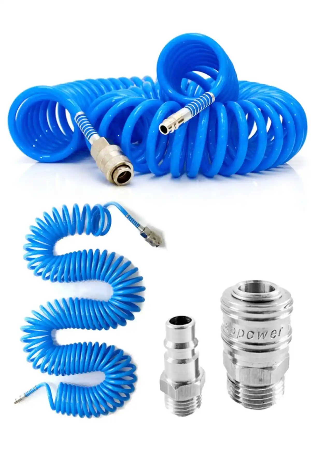 Endüstriyel Profesyonel Spiral Hava Hortumu ve Hava Jakı Seti 8 mm 15 m Güçlü Performans