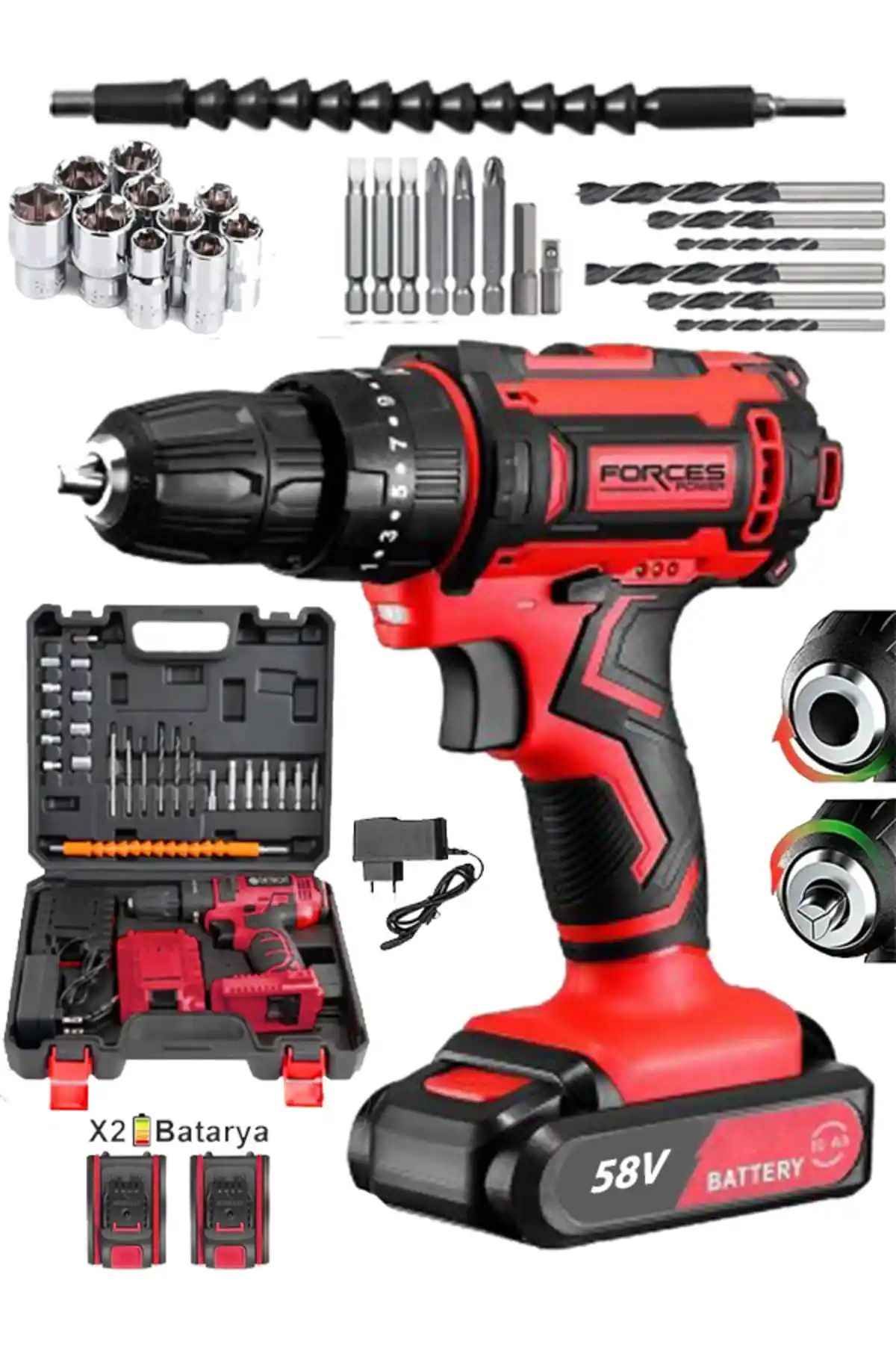 Forces Power Germany 58V Çift Akülü Profesyonel Matkap Seti 27 Parça Çelik Şanzıman