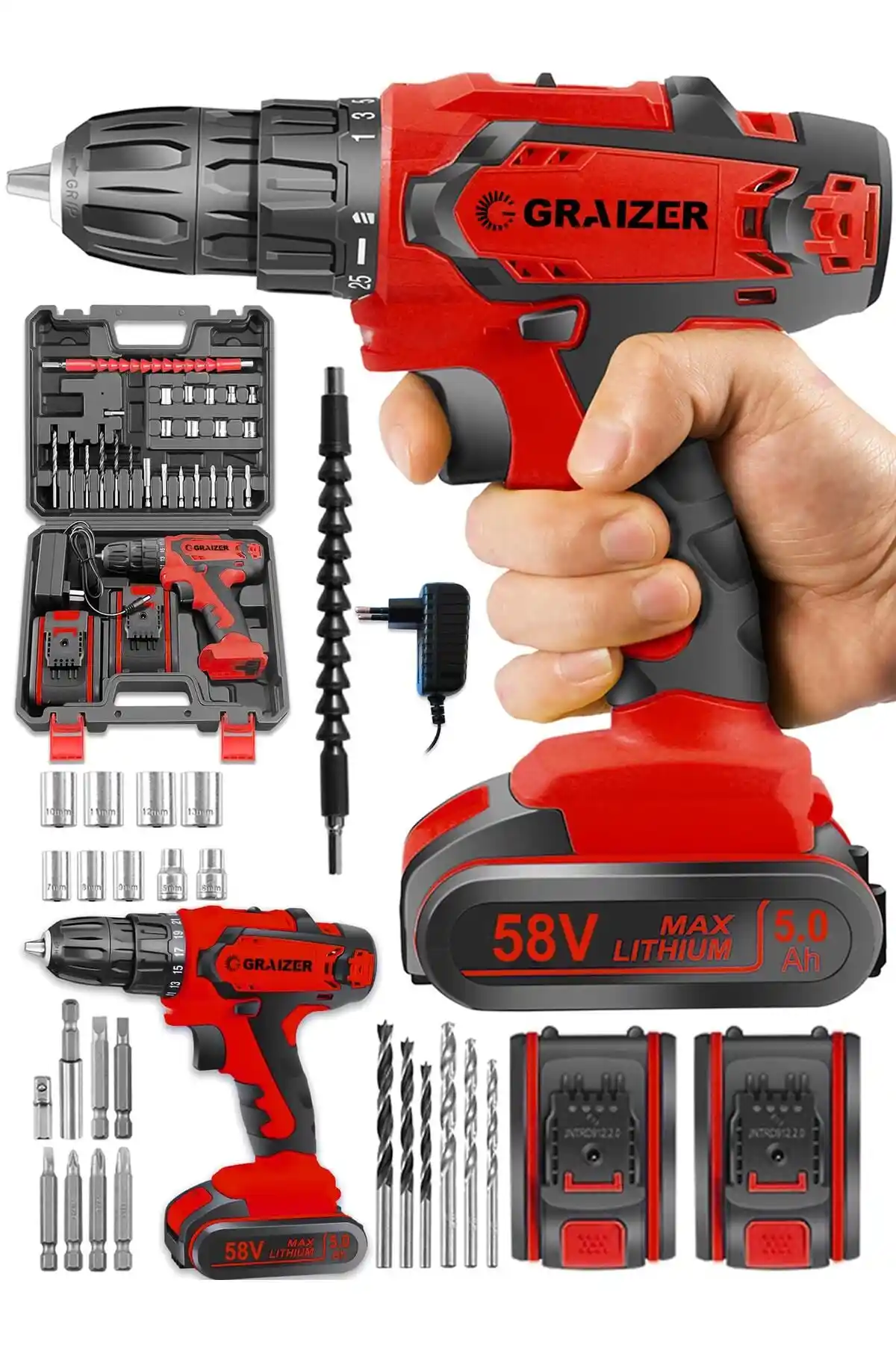 Graizer Alman 58V 5Ah Darbeli Metal Şanzuman Vidalama Matkap Seti Profesyonel Kullanım