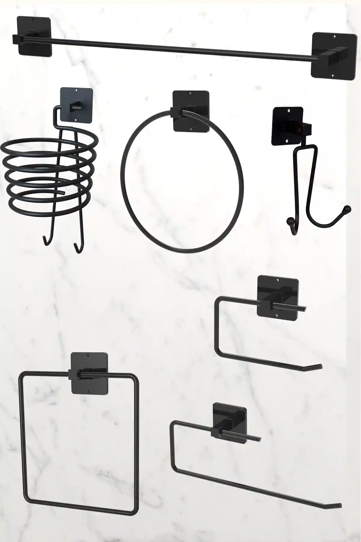 KARTEYA 7'li Çok Fonksiyonlu ve Estetik Siyah Banyo Aksesuarları Seti