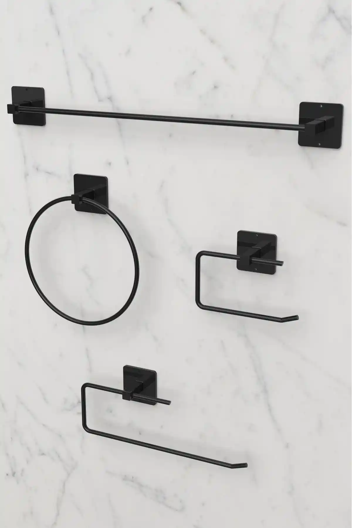 KARTEYA Yapışkanlı Siyah 4'lü Havluluk ve Tuvalet Kağıtlık Seti Modern Banyo Dekoru