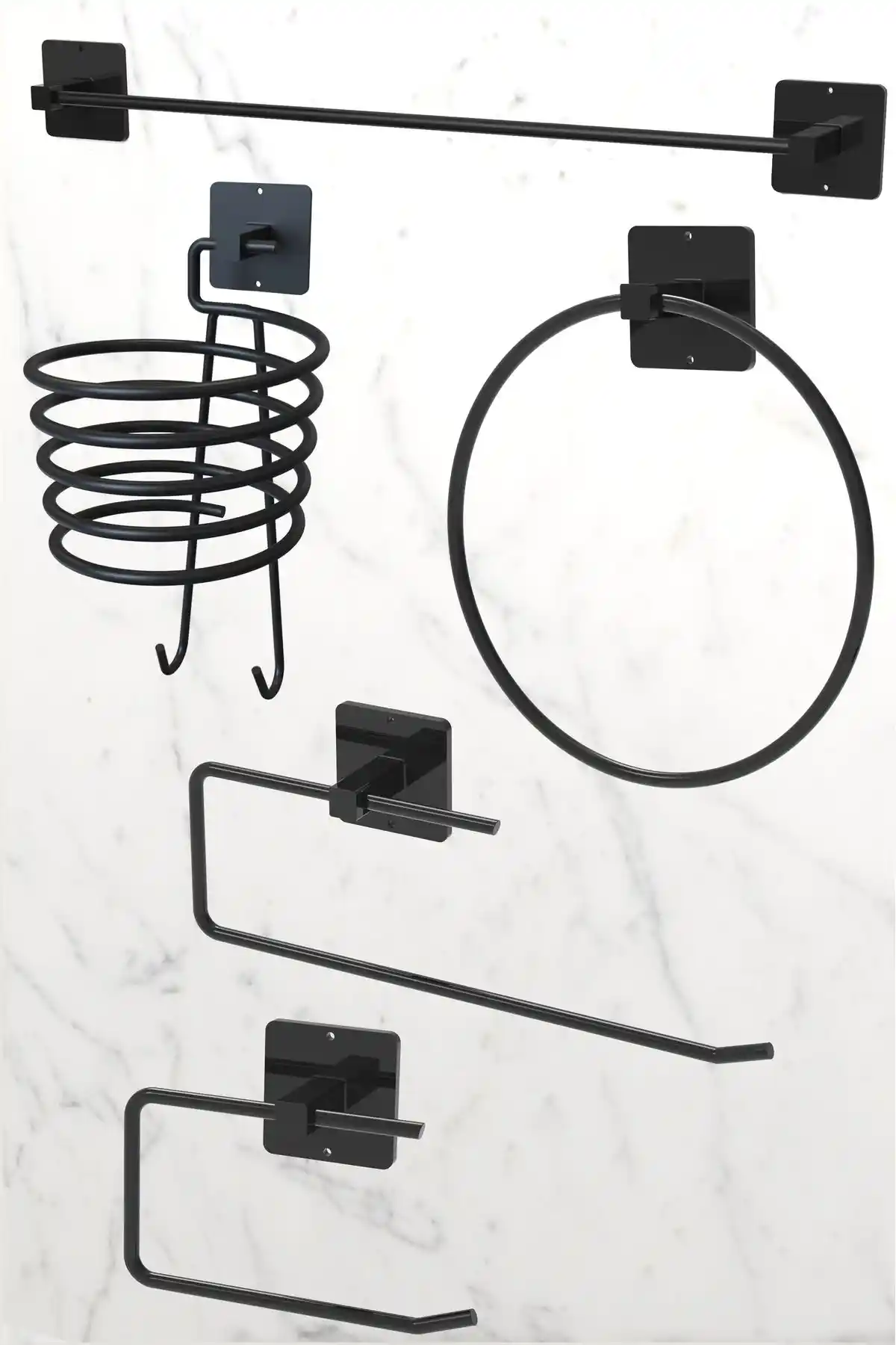 KARTEYA Yapışkanlı Siyah 5'li Havlu Askısı Seti Modern ve Dayanıklı Tasarım