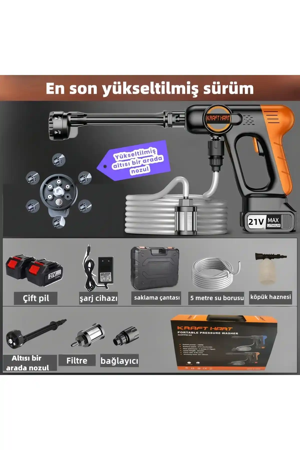 Kraft Hart Çift Akülü Yüksek Basınçlı Yıkama Tabancası ve Temizlik Makinesi Özellikleri