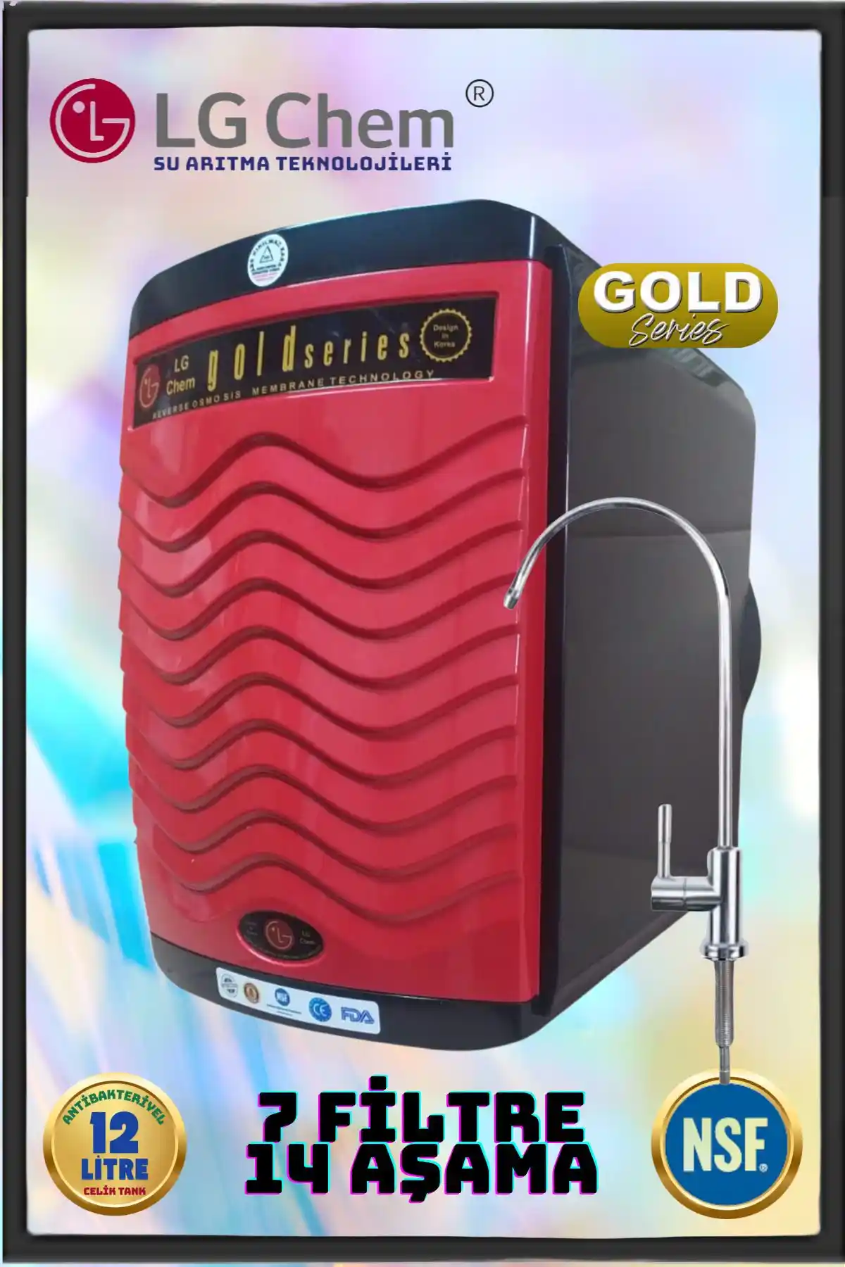 LG Chem Gold Kırmızı Renkli ABS Kasa Su Arıtma Cihazı 14 Aşamalı Filtre ve Ters Osmoz Sistemleri