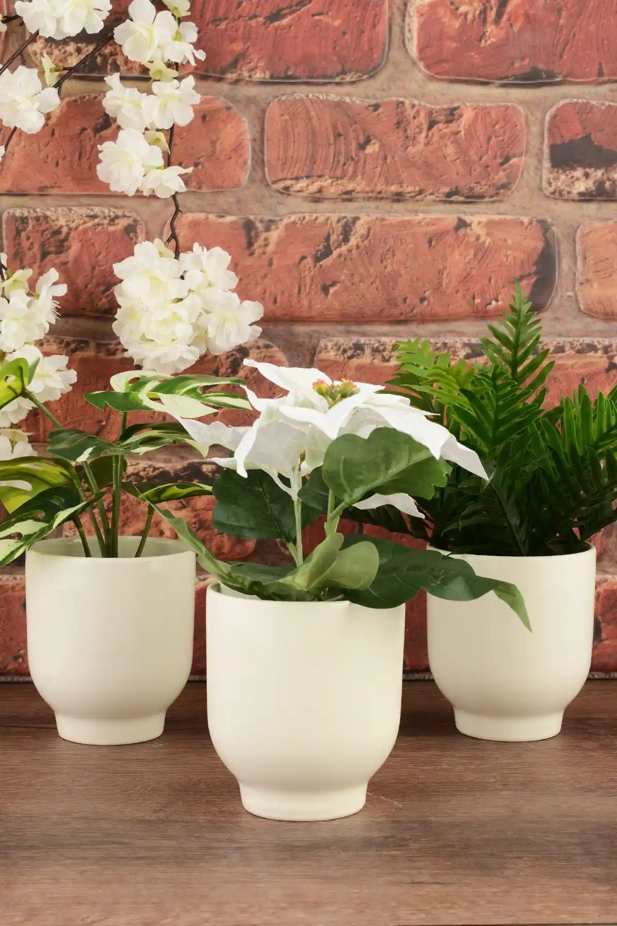 Modern ve Şık Riva Seramik Saksı Seti 3'lü Krem Renk Dekoratif Ürün