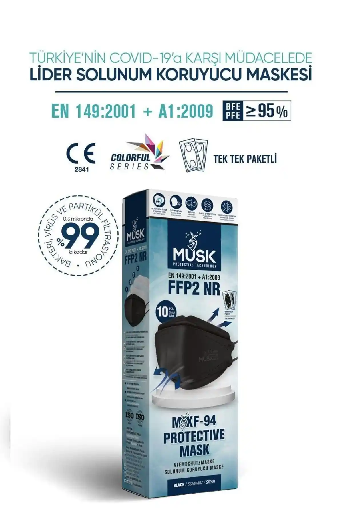 Musk KF94 Kore Tipi Siyah FFP2 Maske Güvenlik ve Konfor Sunan Modern Tasarım