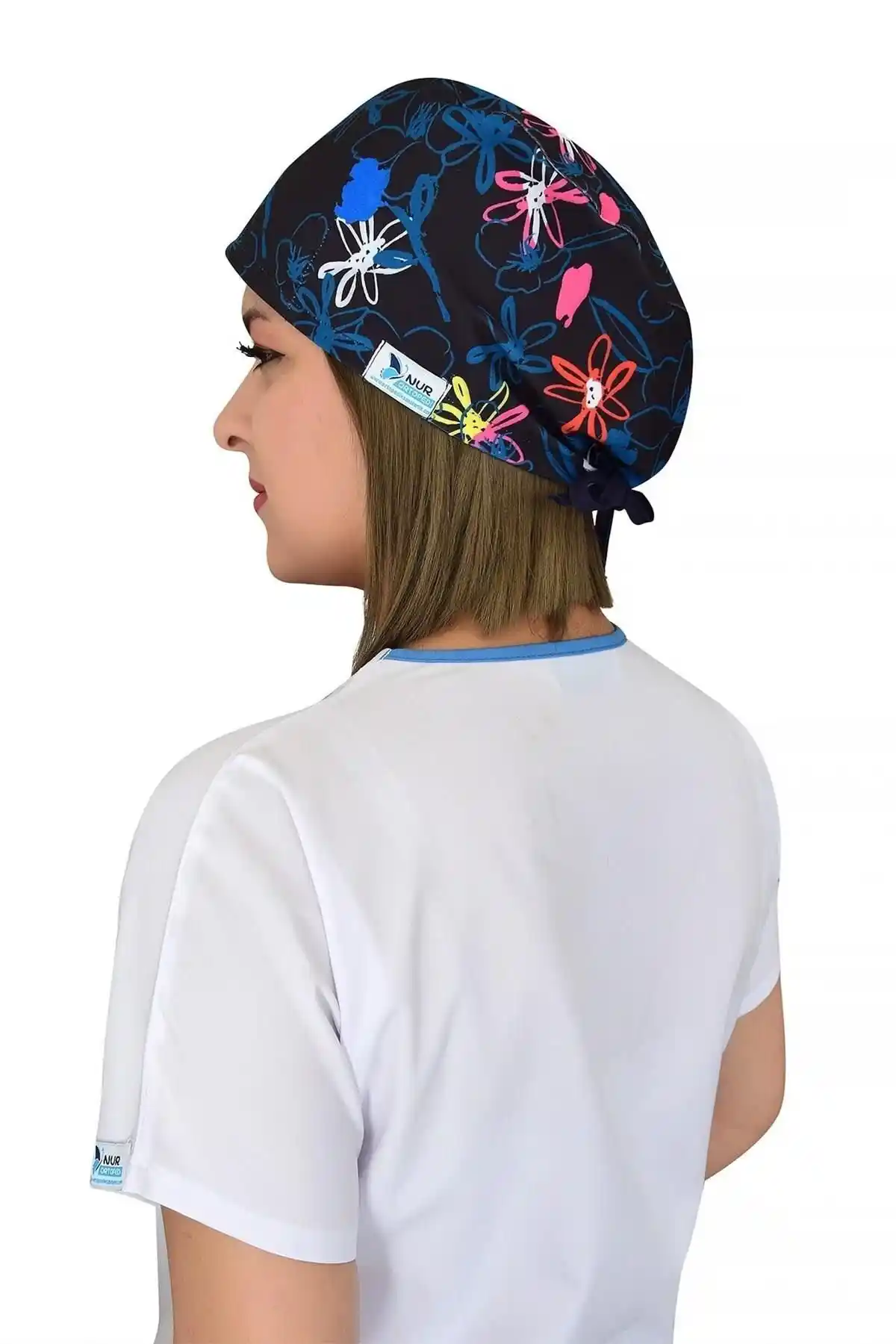 Nur Ortopedi Unisex Lacivert Çiçekli Cerrahi Boneği Sağlık Çalışanları İçin Uygun