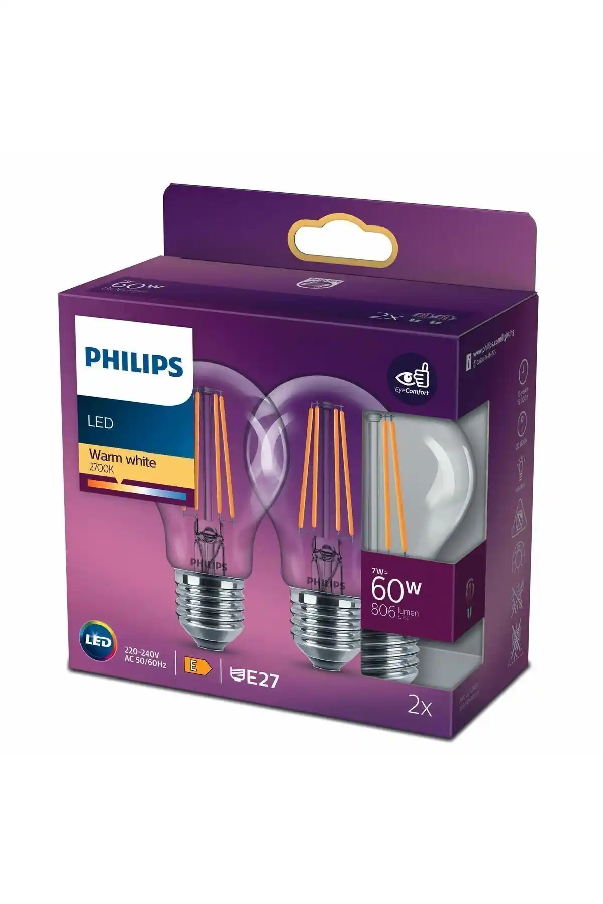 Philips Filament 60W 2'li Ampul Sıcak Sarı Işık ve Enerji Tasarrufu Özellikleri
