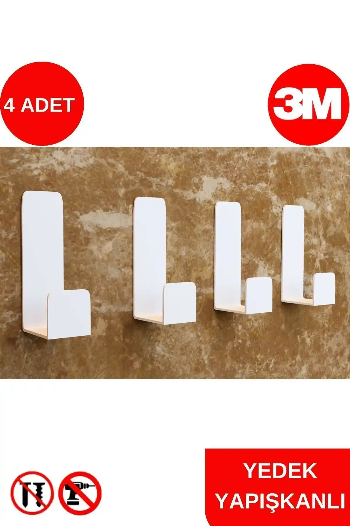 Risingmaber 4'lü Metal Beyaz Yapışkanlı Askılık Seti Ev ve Ofis Düzeni İçin Uygun