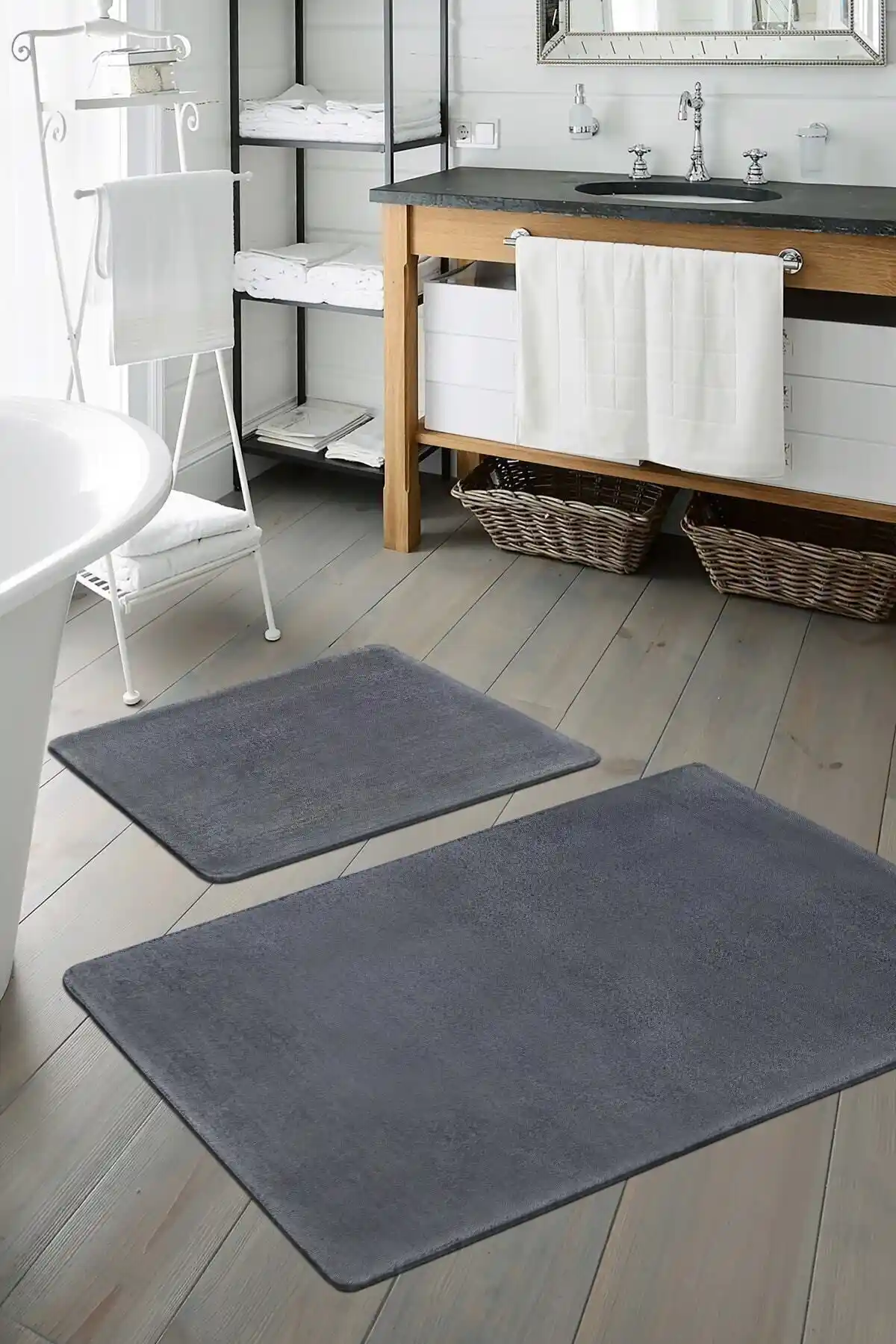 Sarar 2'li Büyük XL Boy Banyo Takımı ve Peluş Antrasit Kaymaz Taban Paspası Karşılaştırması