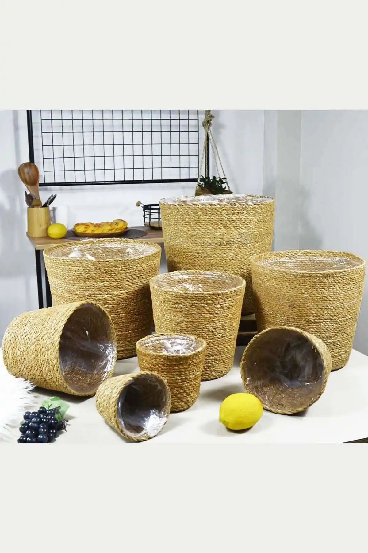 SepetçiBaba 8 Li Hasır Saksı Seti Modern İç Mekan Dekorasyonu İçin Şık ve Dayanıklı