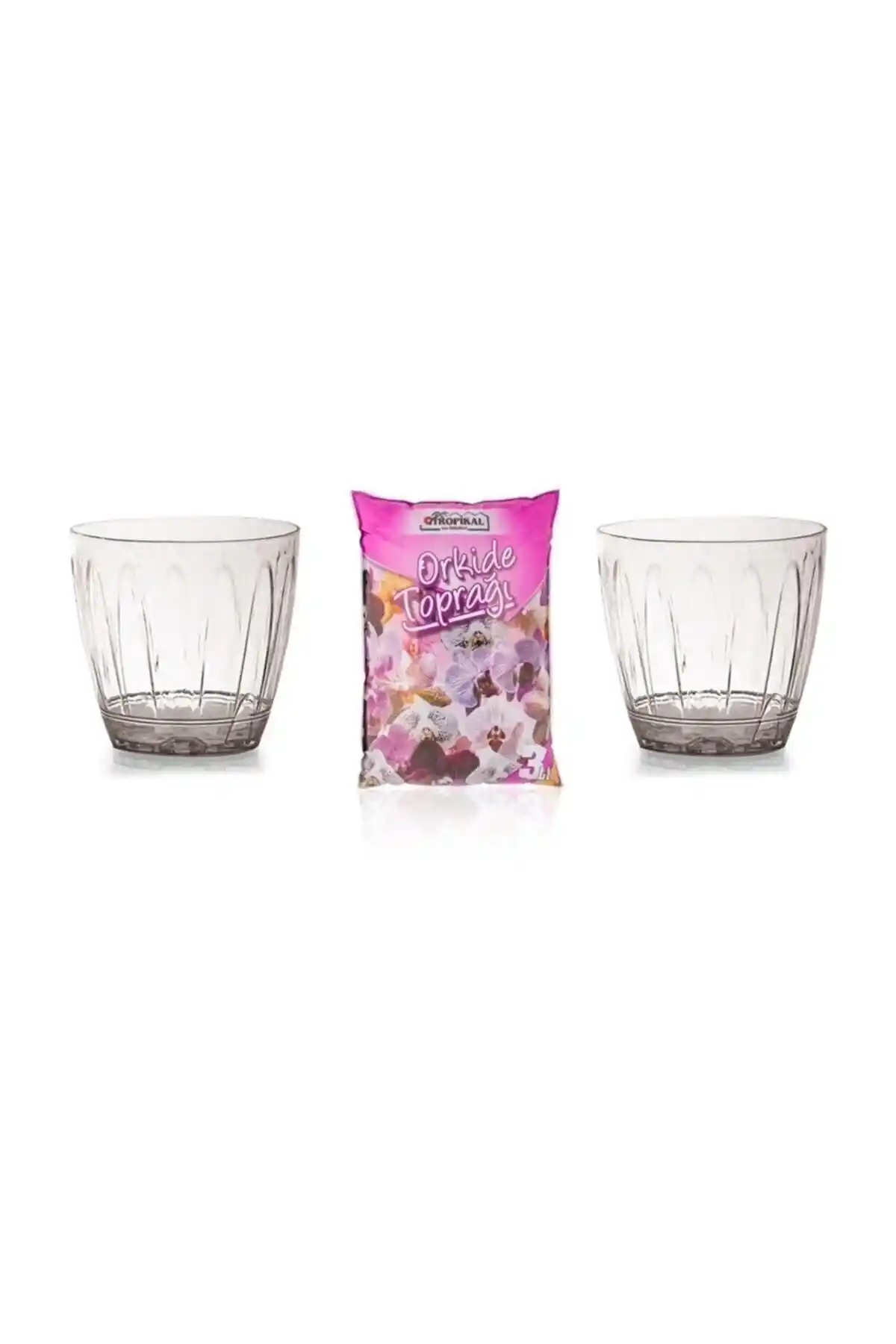 Serinova 2 Adet 1.5 Litre Şeffaf Orkide Saksı ve 3 Litre Orkide Toprağı Seti