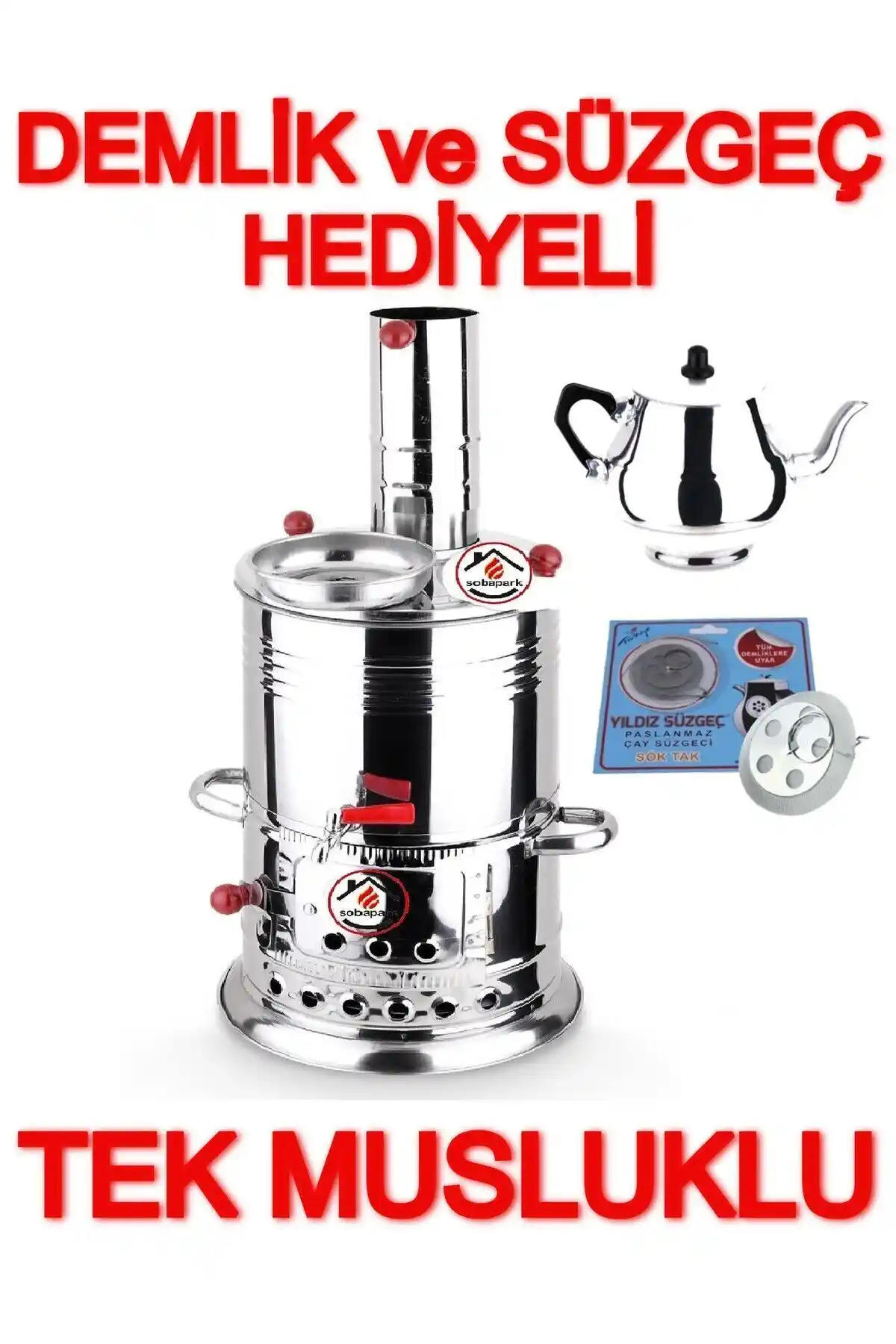 Sobapark Tek Musluklu Paslanmaz Krom Odunlu Semaver ile Geleneksel Çay Deneyimini Modernleştirin