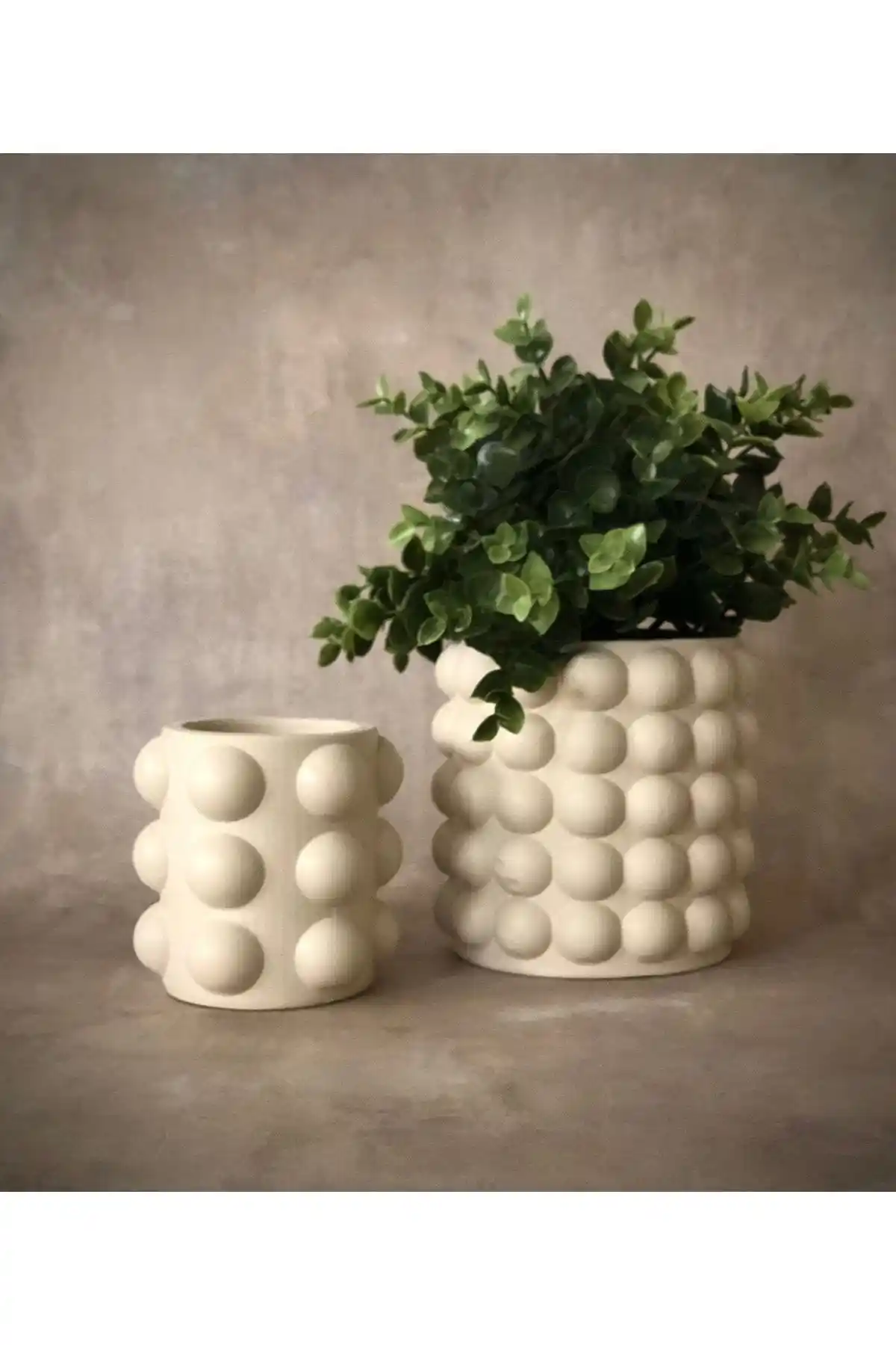 Thiramis Homeconcept Bej Renkli El Yapımı Dekoratif Vazo ve Saksı Seti 2'li